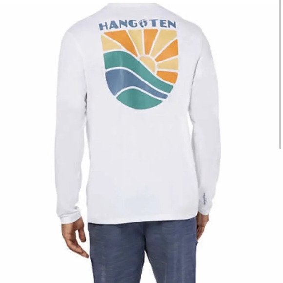 Men's Hang Ten White Crew Neck Long Sleeve UPF 50+ Quick Dry Graphic T-Shirt - Picture 3 of 7